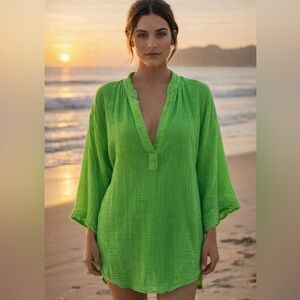 9Seed Resort Marrakesh green gauzy split neck cover up top, P/S, boho beach